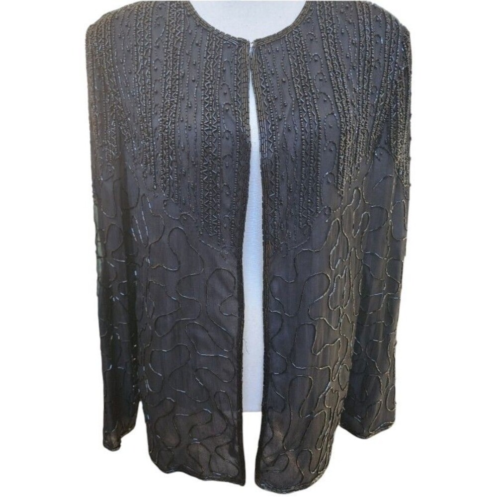 JMD Vintage Black Silk Beaded Jacket Size Medium Long Sleeve Lined